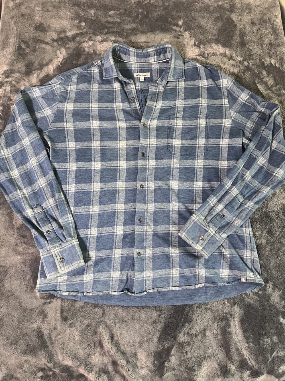 Peter Millar Button Down Shirt Plaid Checkered Long Sleeve Casual Blue Size L